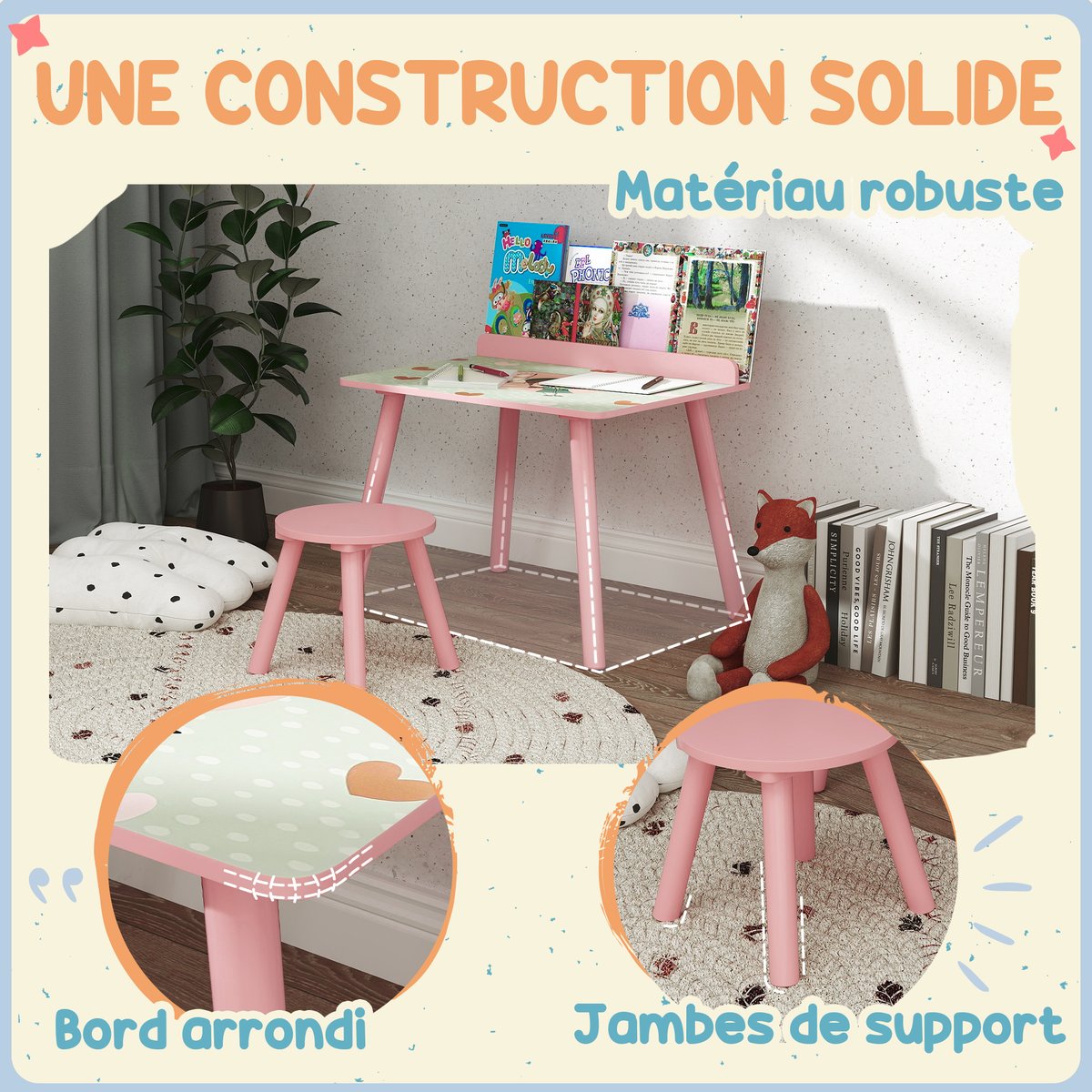 Ensemble table et chaises pour enfants MDF rose, AIYAPLAY