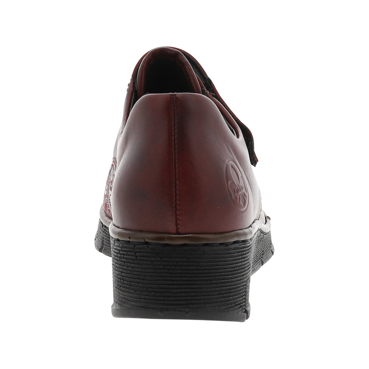 Mocassins en cuir bordeaux à semelle semi-compensé et talon plat avec fleurs noires imprimées bordeaux, RIEKER