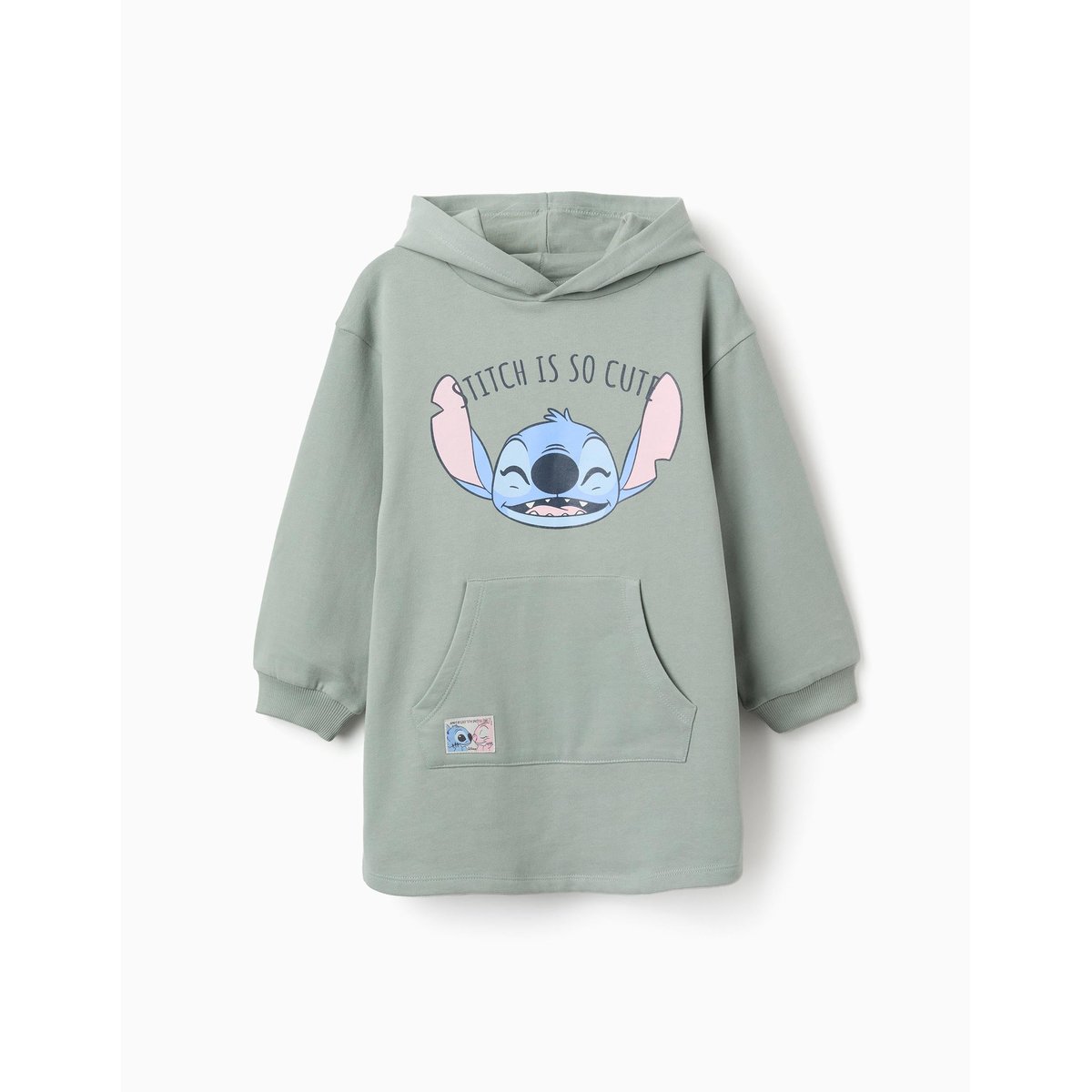 Robe sweat en coton peigné à capuche et imprimé Stitch vert, ZIPPY