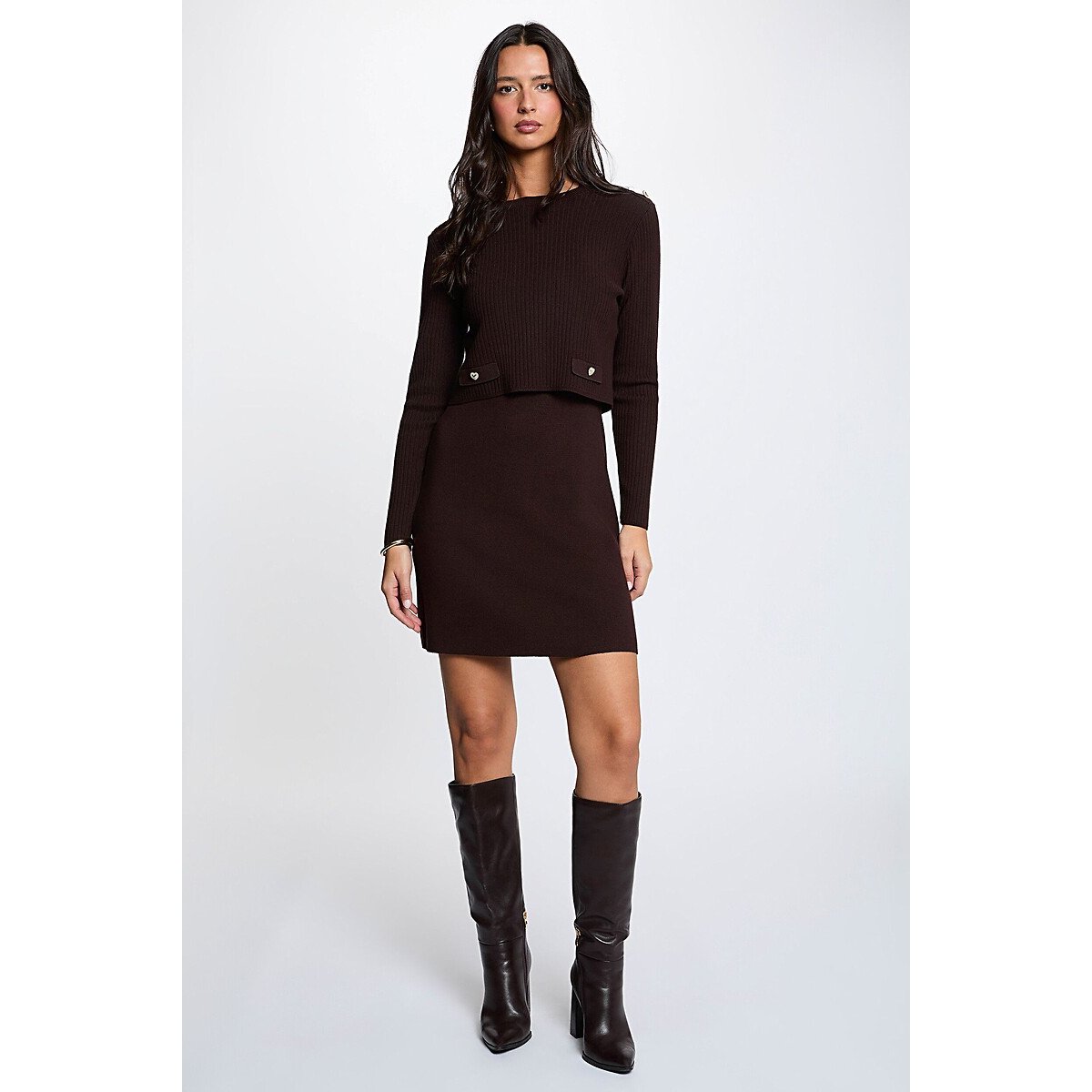 Kurzes Strickkleid im 2-in-1-Look kaffee, MORGAN