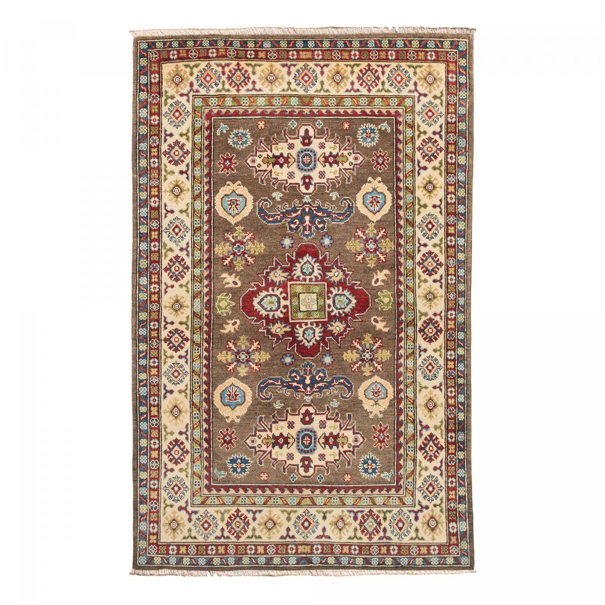 Tapis salon géométrique, noué main en laine, KAZAK CO 61 marron, beige, rouge, UN AMOUR DE TAPIS