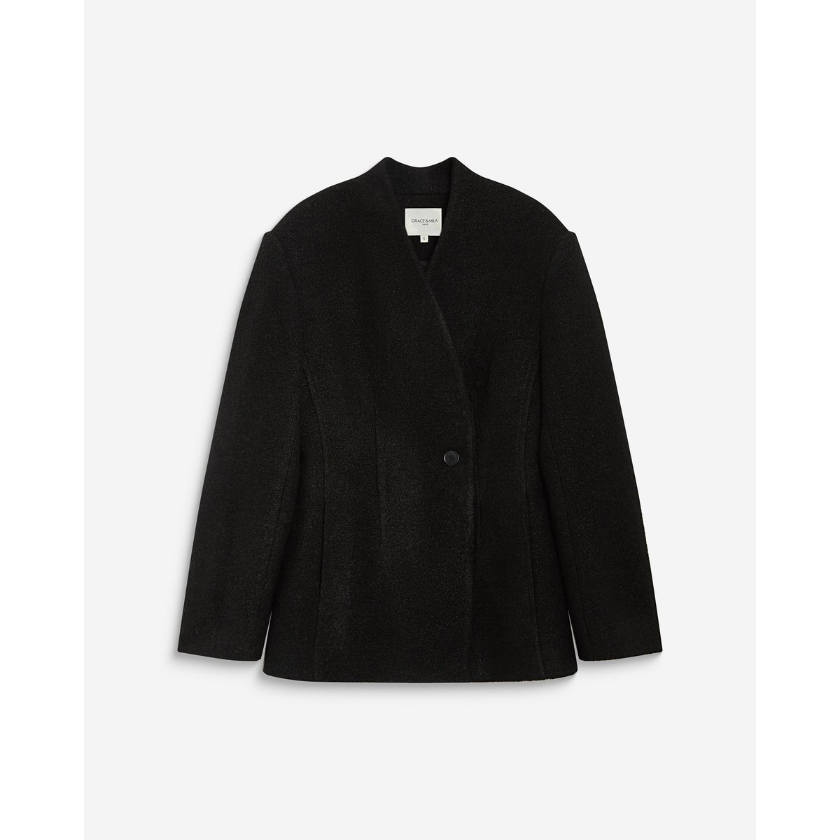 Blazer croisé en laine mélangée sans revers ecru Berlin noir, GRACE & MILA