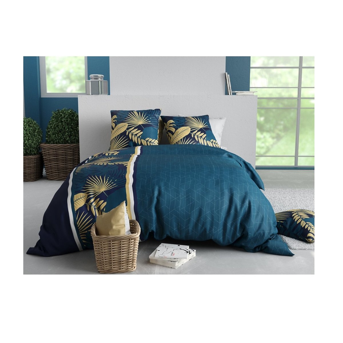 Housse couette + taie Feuillage tropea bleu, EDEN