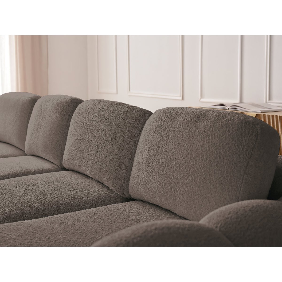 Canapé d'angle convertible 3 places en tissu bouclette avec pouf, MONTAIGNE marron, BOBOCHIC