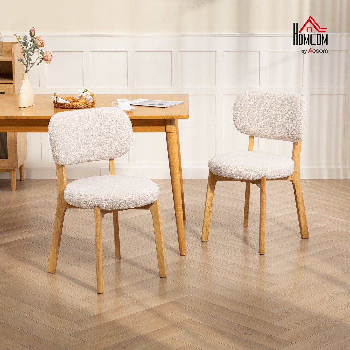 Chaise de salle à manger Tissu effet laine crème, bois naturel, HOMCOM