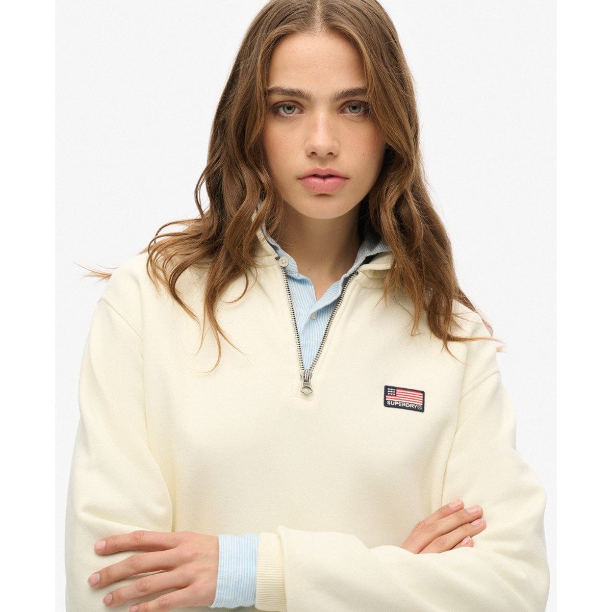 Sweatshirt Col Zippé Athletic Essentials blanc cassé, SUPERDRY