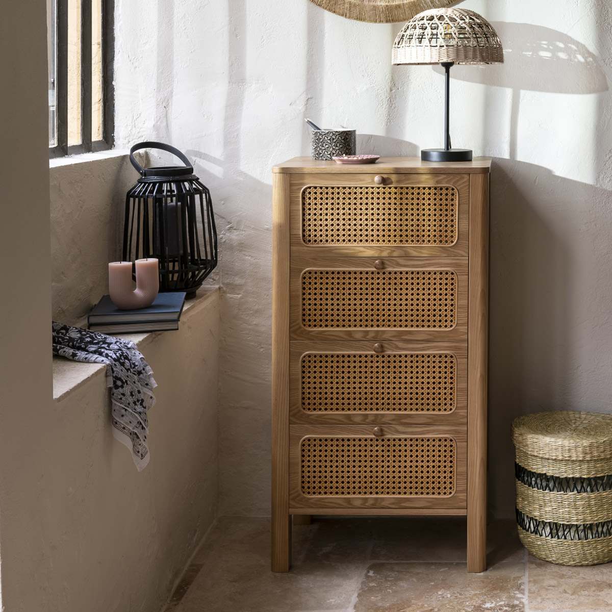 Lot de 2 paniers cylindriques avec couvercle en jonc tressé ajouré JAYLA beige, ATMOSPHERA