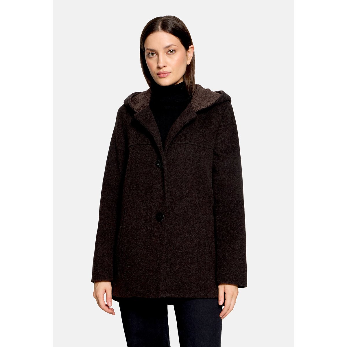 Veste en laine à capuche dark brown melange, GIL BRET