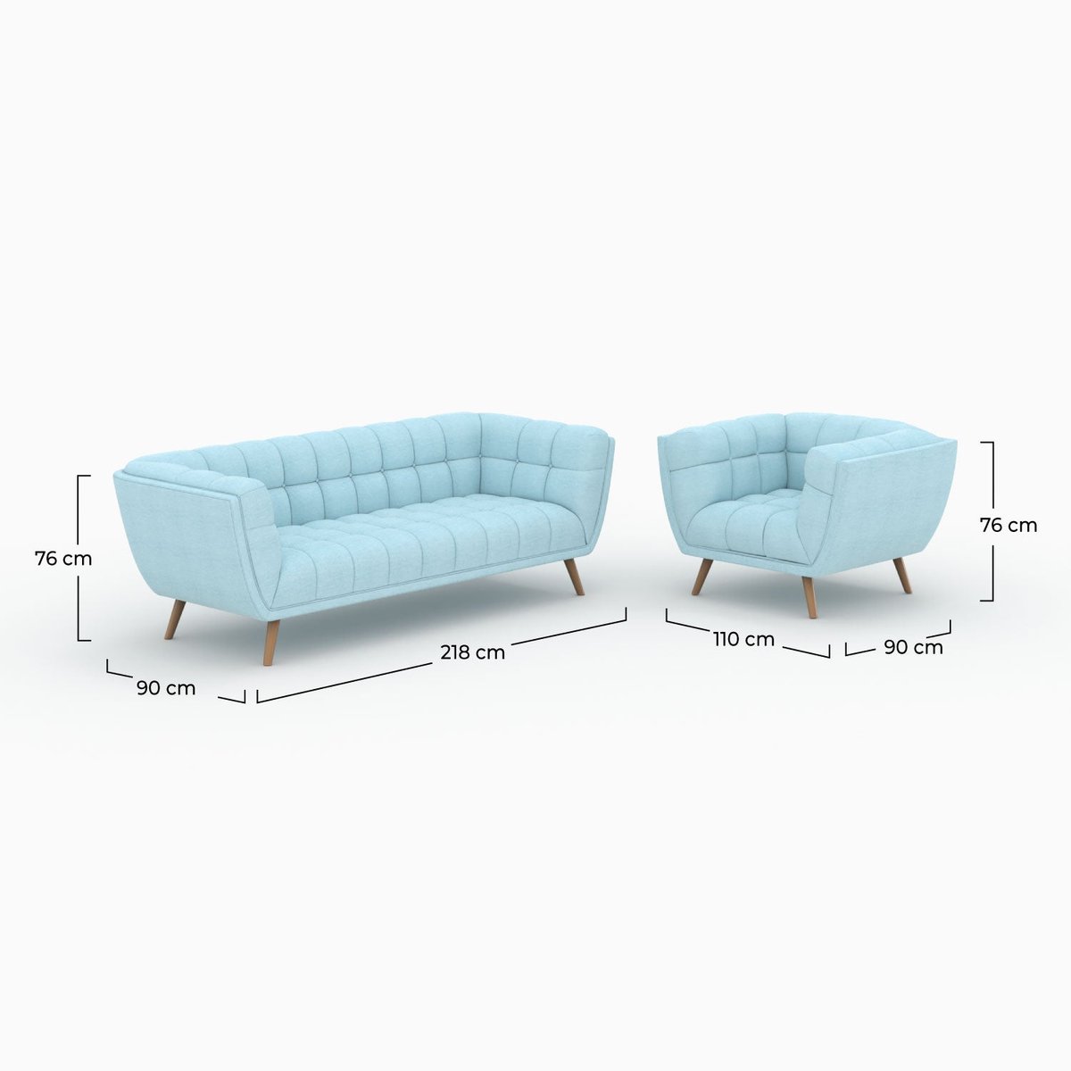 Ensemble canapé et fauteuil en tissu 4 places - CARMEN bleu clair, MAISON PAVANE