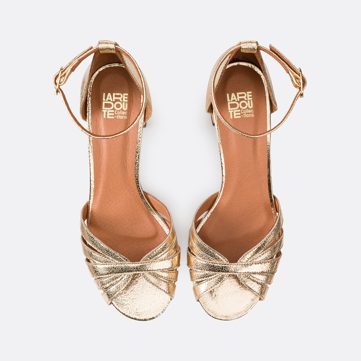 Sandales en cuir métallisé à talon, bride cheville doré, LA REDOUTE COLLECTIONS