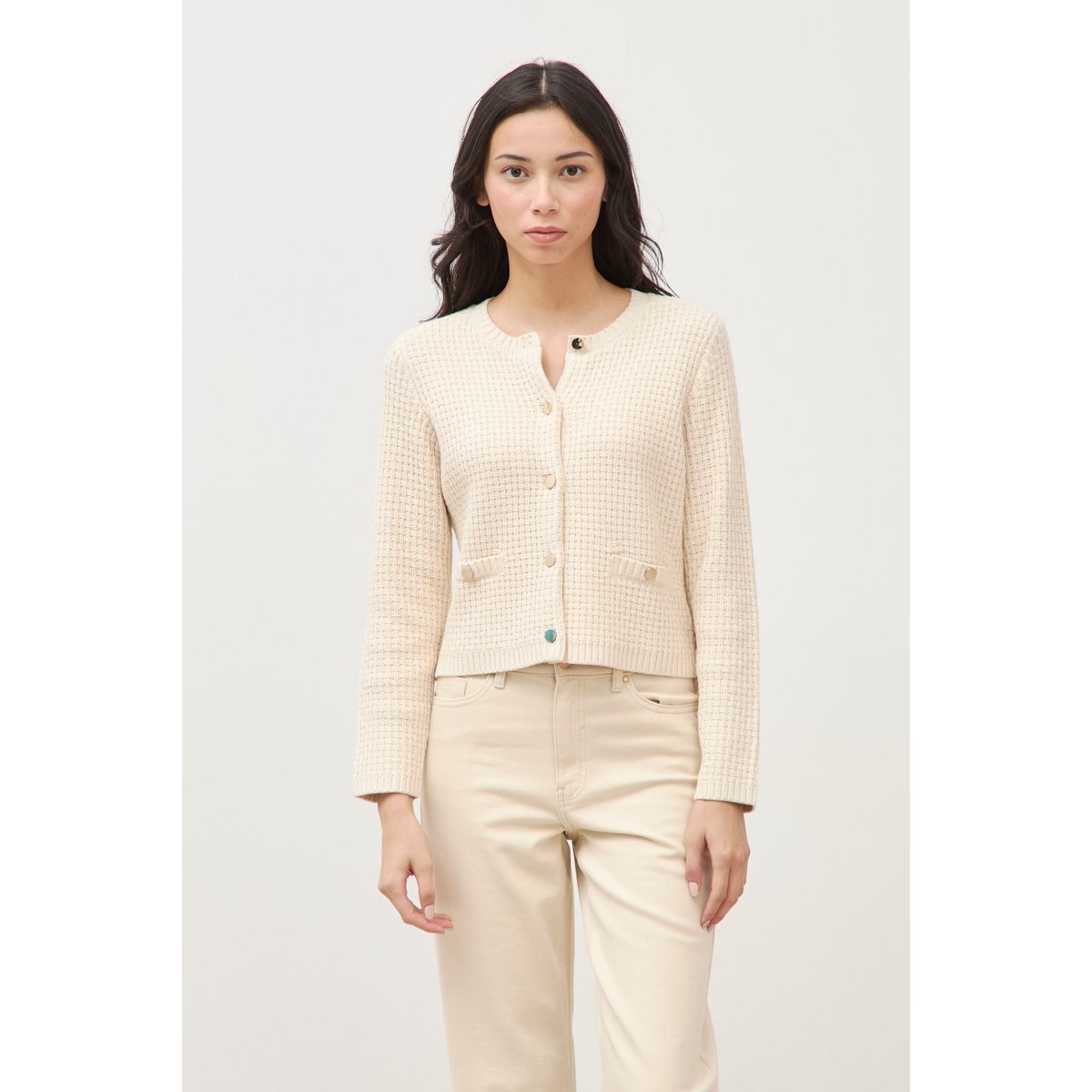 Gilet droit court manches longues ivoire, BONOBO