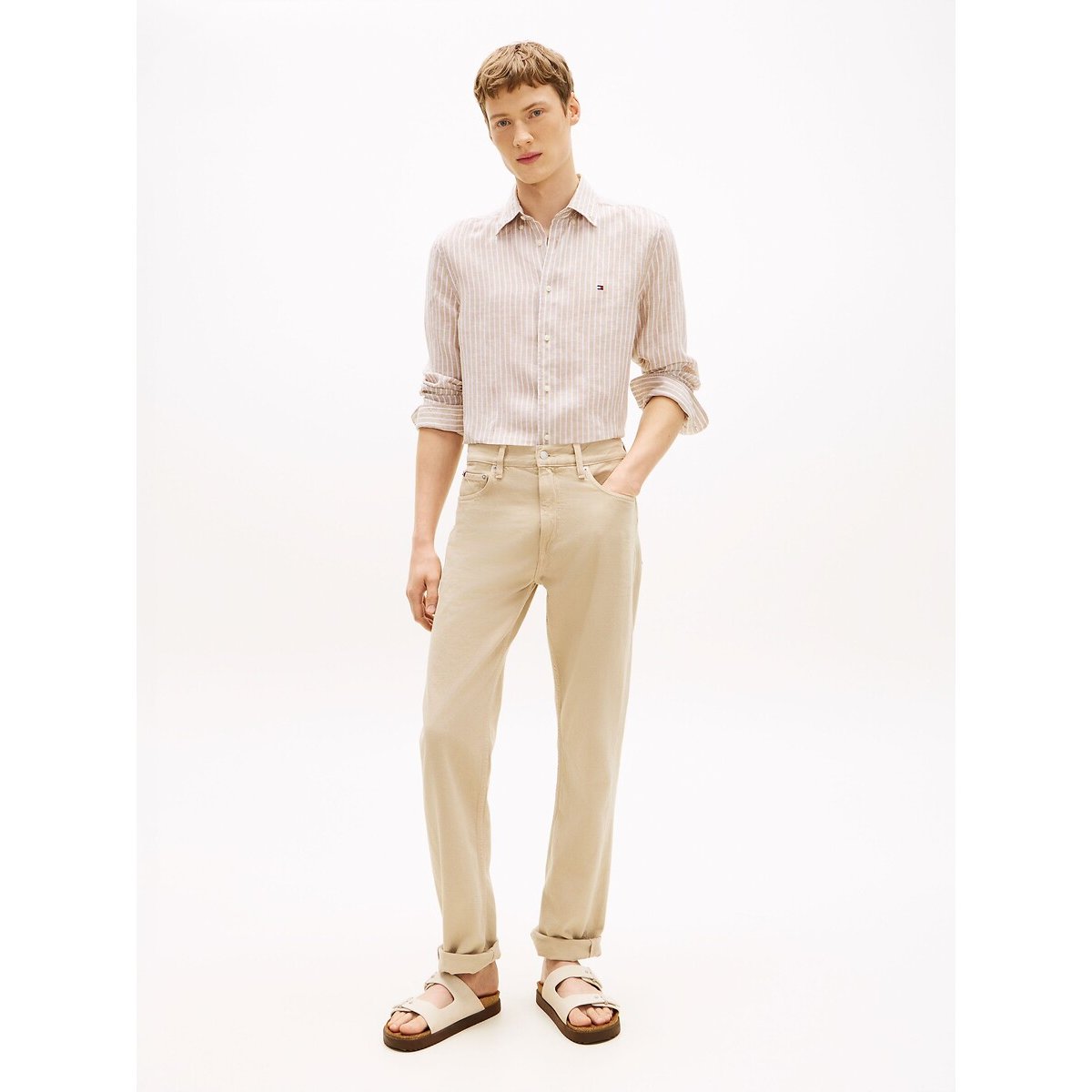 Camicia in lino a righe beige, TOMMY HILFIGER