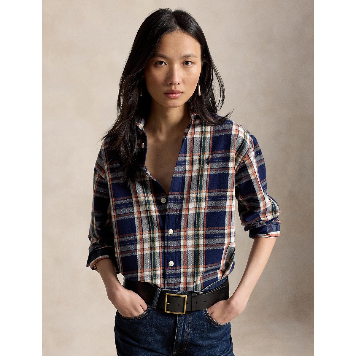 Chemise à carreaux et manches longues carreaux marine, POLO RALPH LAUREN