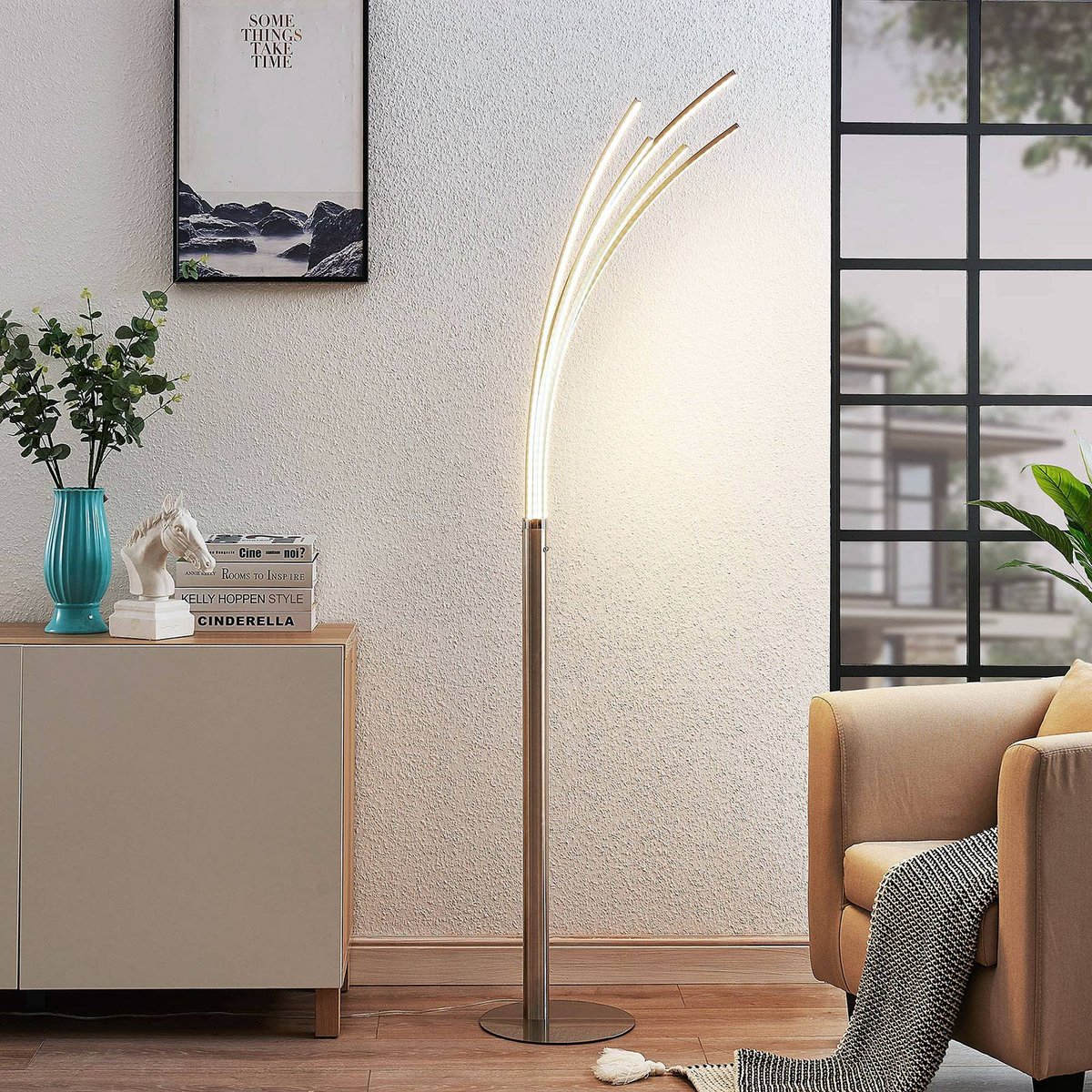Lampadaire en aluminium moderneLED, Boba nickel mat, blanc, LINDBY