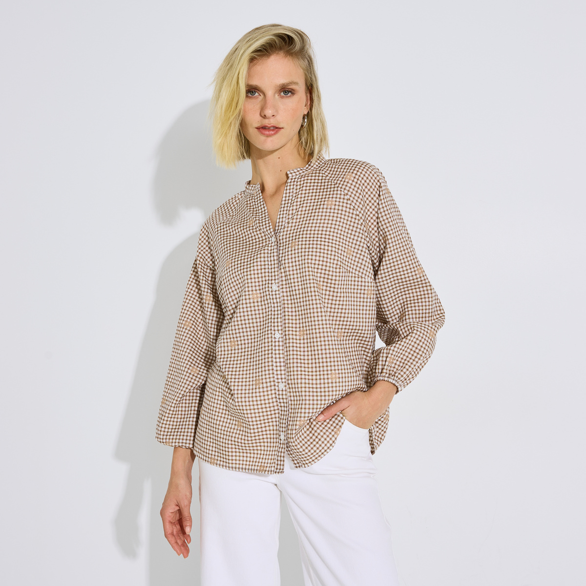 Blouse vichy motif fleurs beige, GRAIN DE MALICE