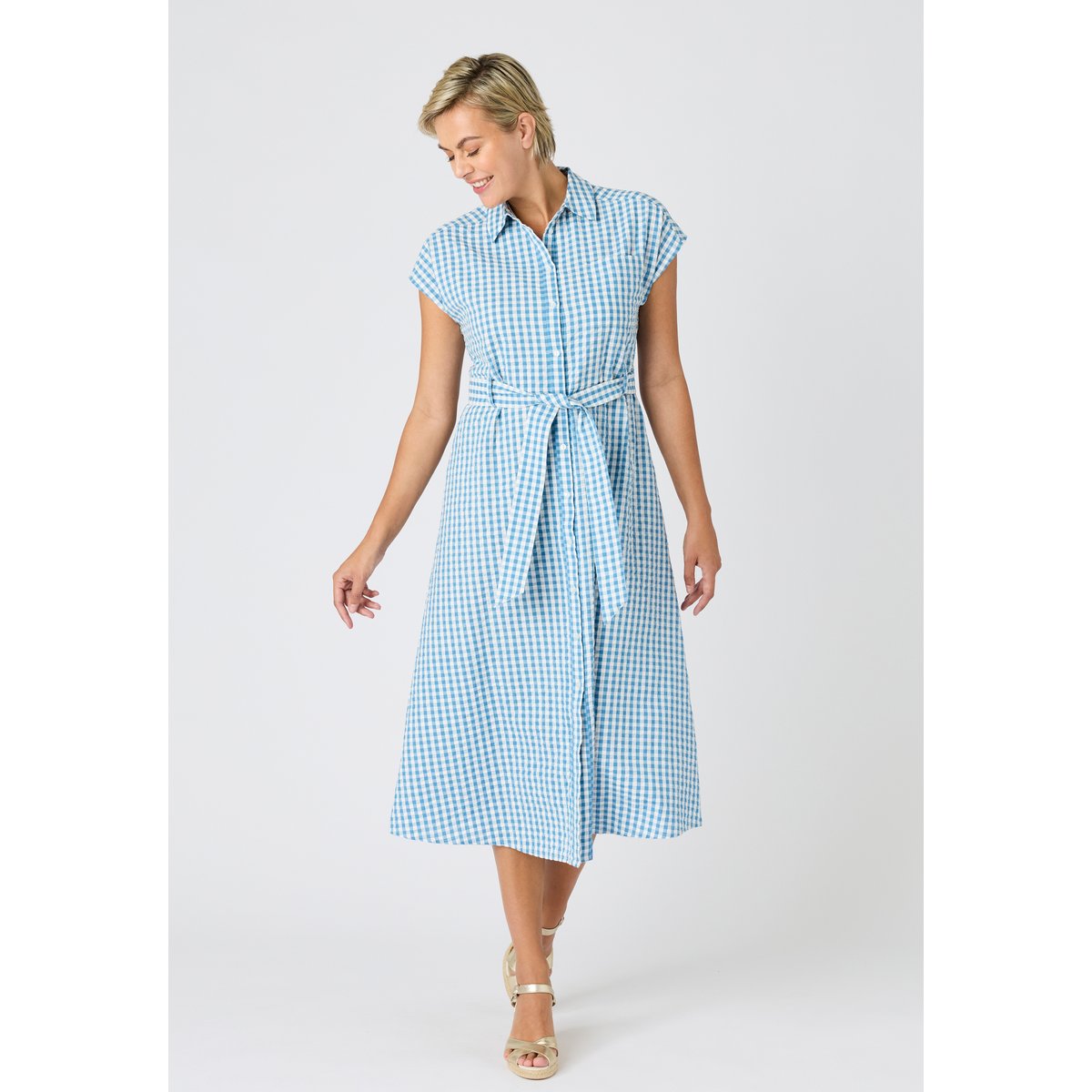Robe-chemise tissu gaufré bleu petits carreaux, DAMART