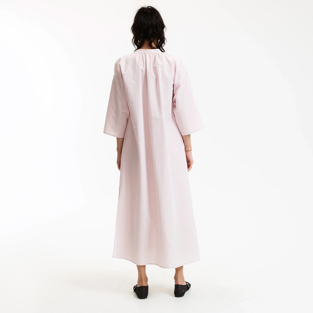 Robe longue rayée en coton lin, manches 3/4 rose rayé, LA REDOUTE COLLECTIONS