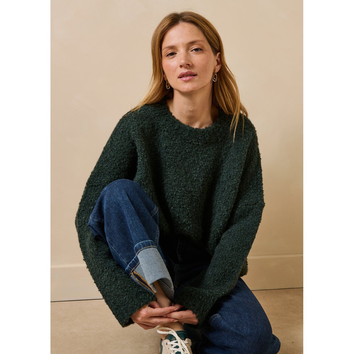 Pull oversize maille bouclette manches longues vert bouteille, LA FEE MARABOUTEE