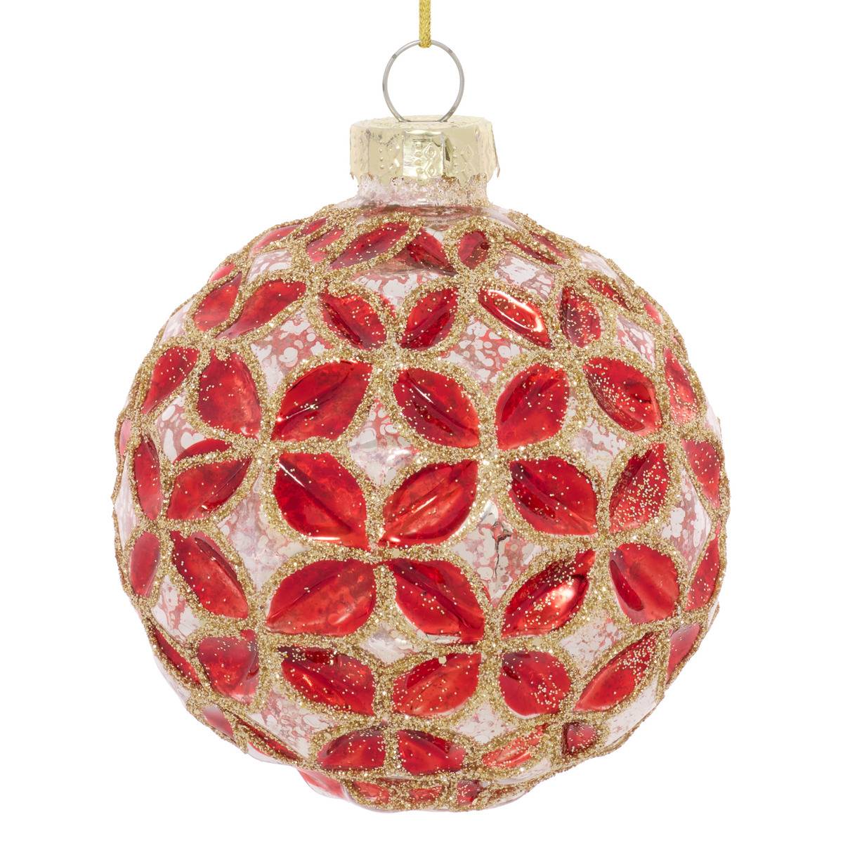Boule de Noël motif pétales rouge en verre transparente D. 80 mm rouge, FEERIC LIGHTS & CHRISTMAS