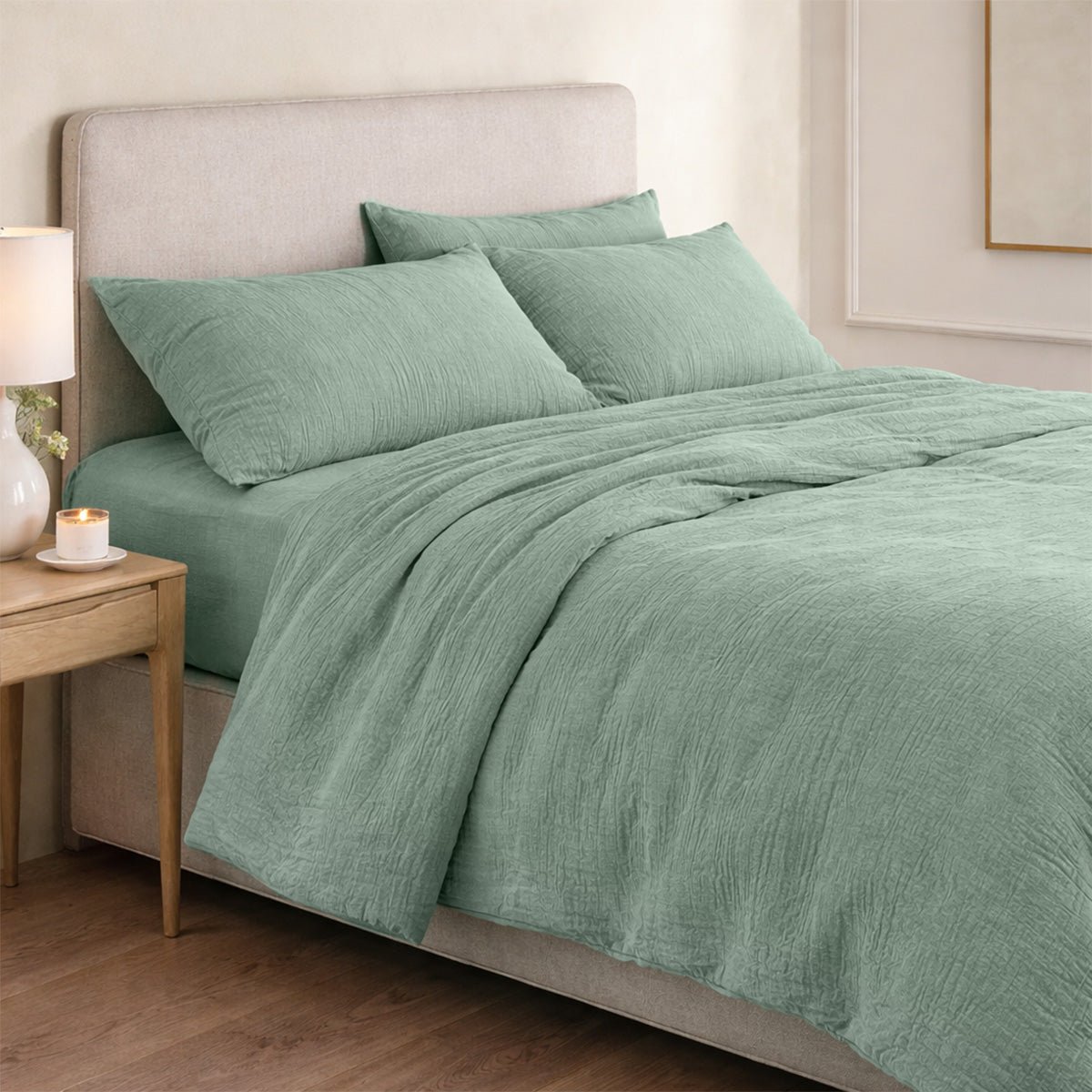 Parure + taies 65x65 gaze de coton ALMA Made in Europe vert céladon, FEBRONIE