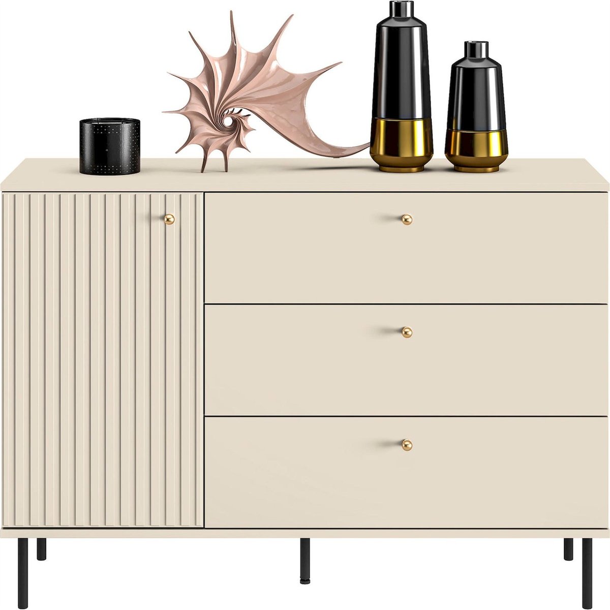 Commode bois collection CALETTO, Porte rainurée cachemire beige mat avec poignées dorées et pieds noirs, RECOLLECTION