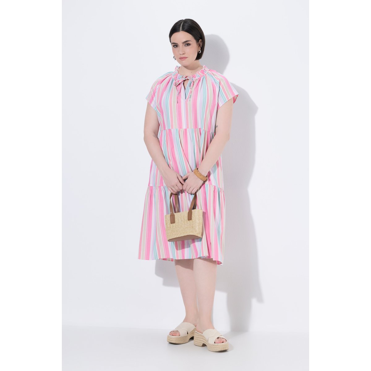 Robe midi, rayures, coupe en A, col rond rose tendre, ULLA POPKEN