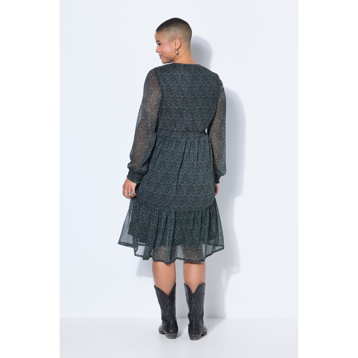 Robe midi évasée, doublure et micro-motif noir, STUDIO UNTOLD