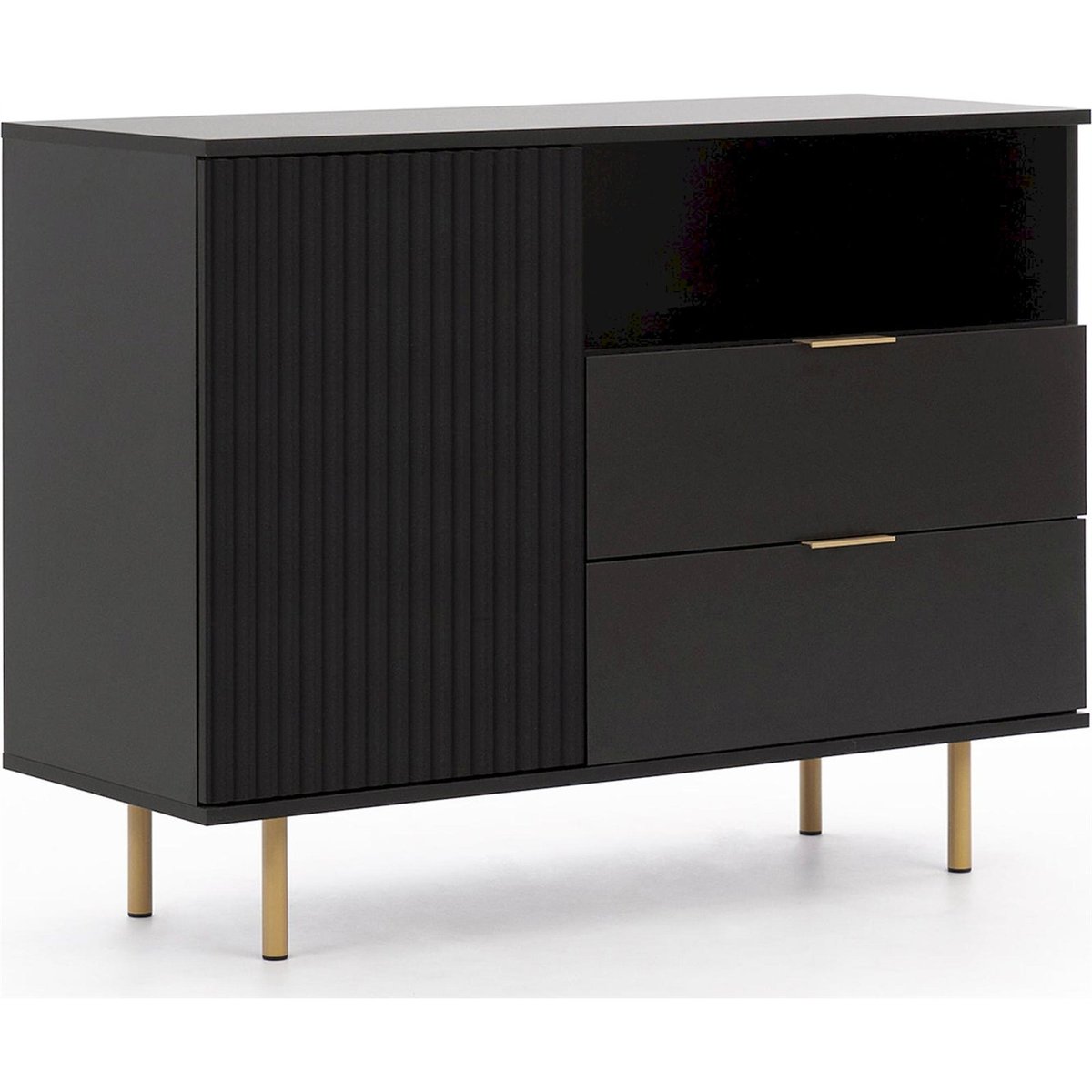Commode 1 porte 2 tiroirs façade rainurée noir mat et doré beige, RECOLLECTION