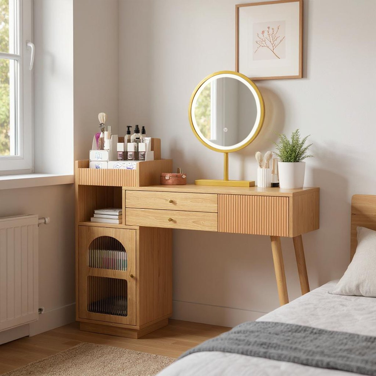 Coiffeuse table de maquillage avec 2 tiroirs 1 porte et 2 niches scandinave, ULTRAC chêne, MEUBLES COSY