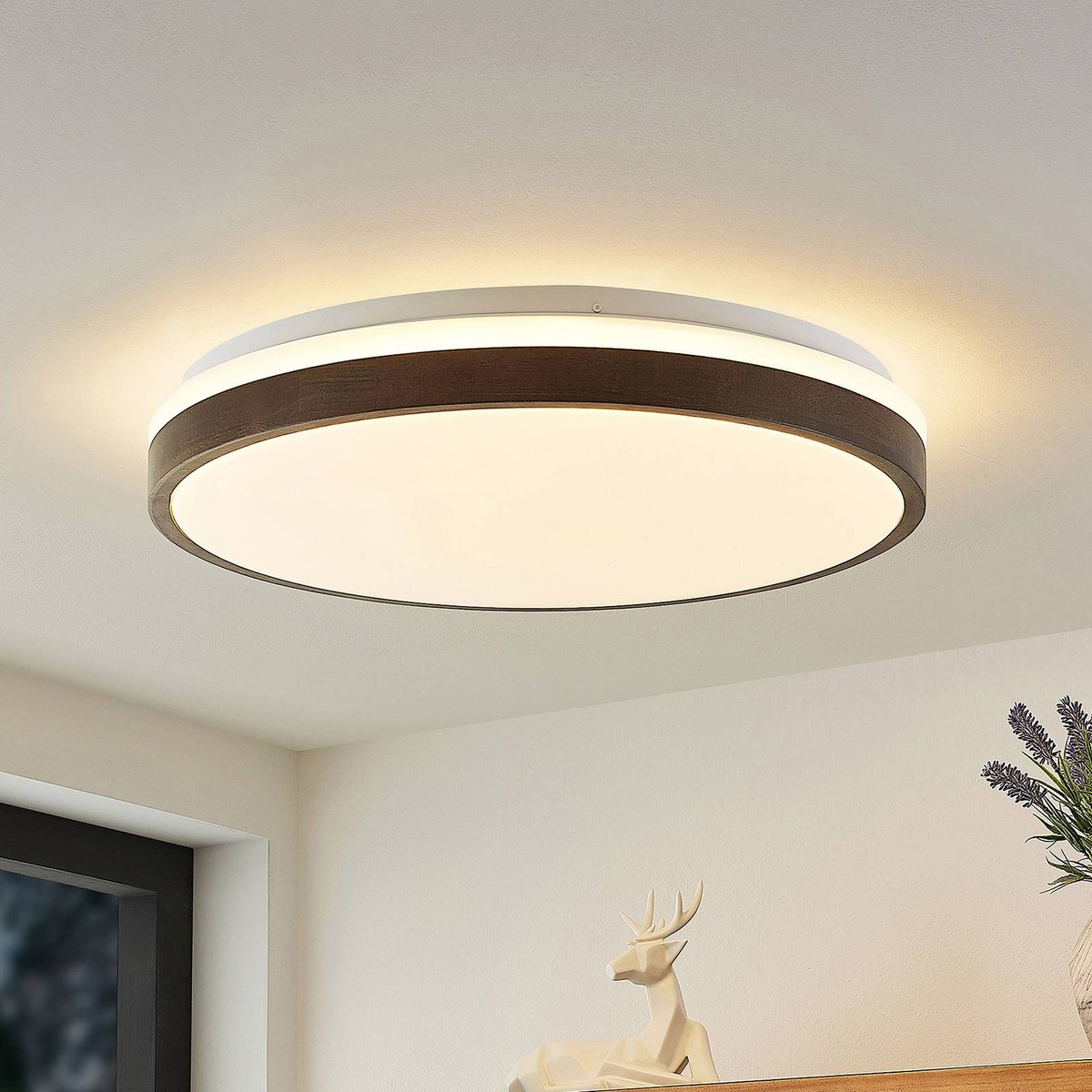 Plafonnier en bois moderneLED, Hudsona blanc, bois foncé, LINDBY