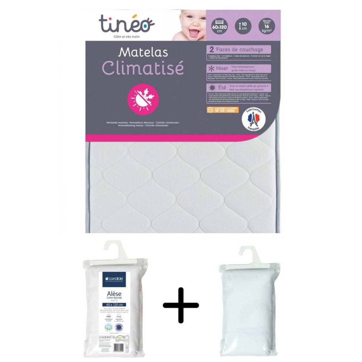 Pack matelas climatisé + alèse + drap housse blanc, TINEO