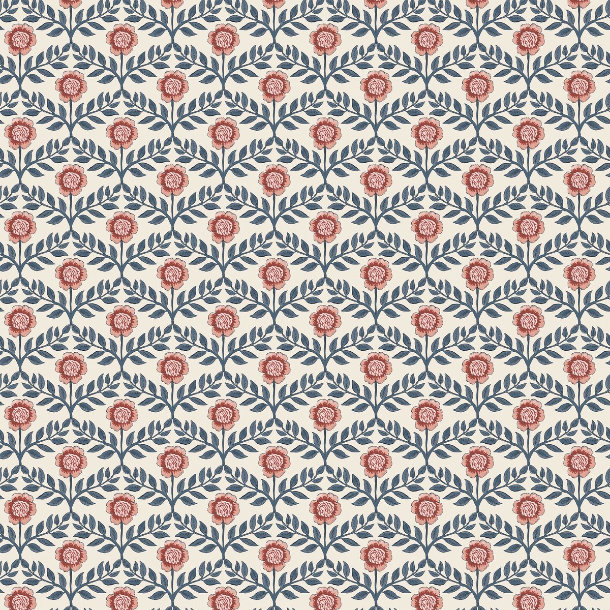 Papier peint Guirlandes fleuries bleu, rose, ocre, JOULES