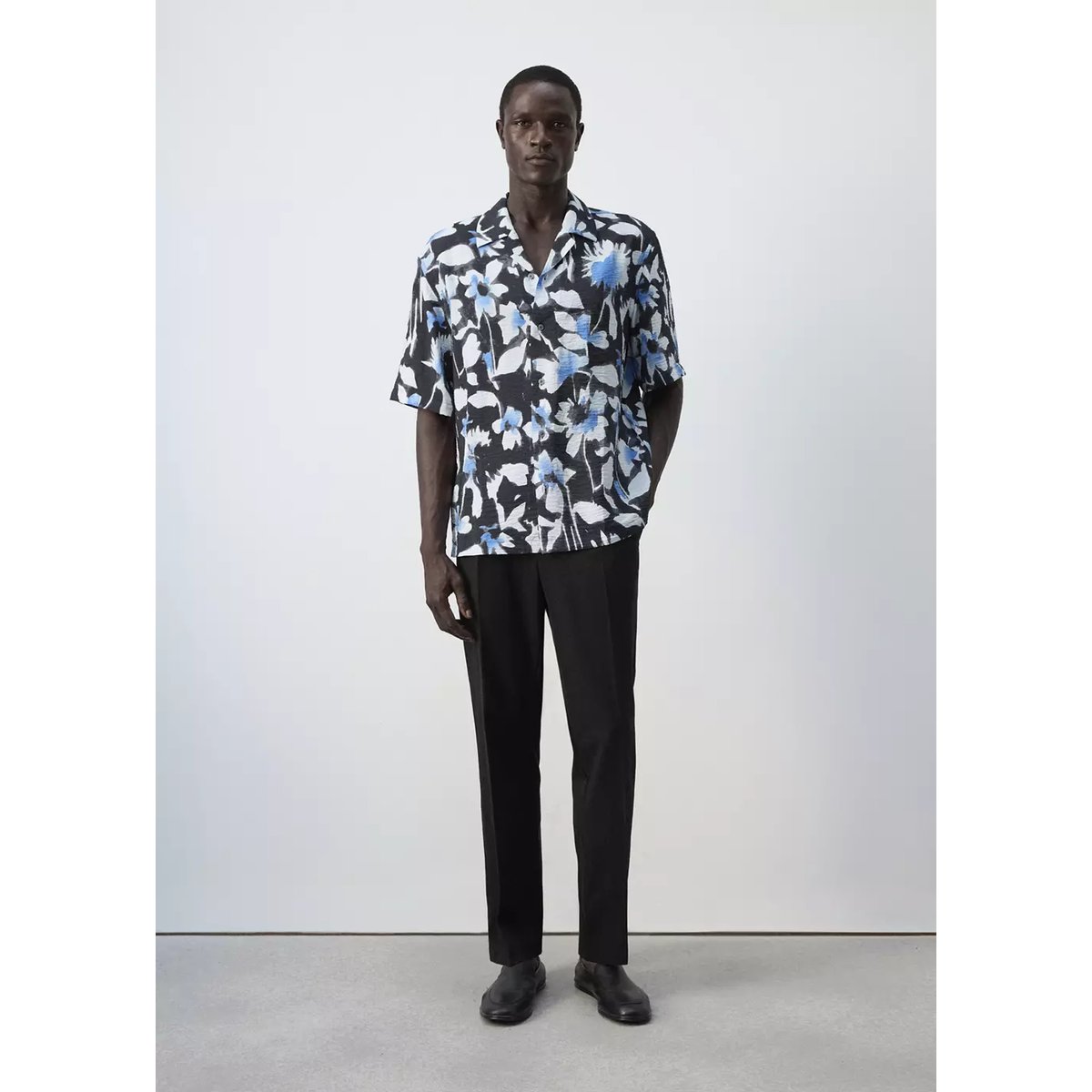 Chemise imprimée col bowling noir, MANGO MAN