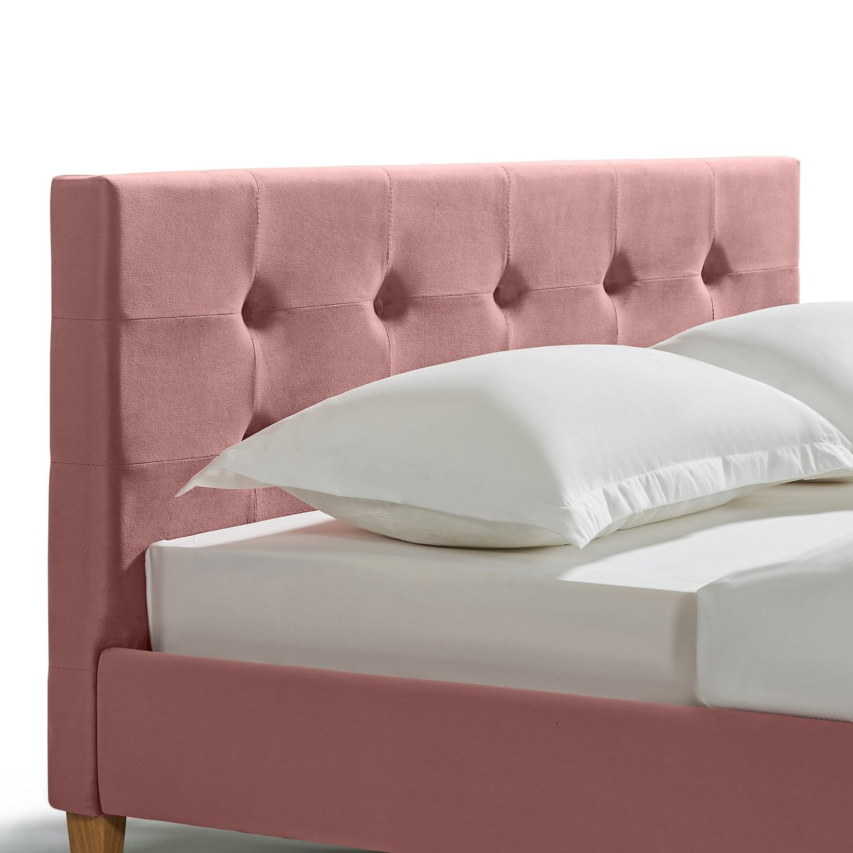Lit en velours avec pieds en bois vieux rose, TERRE DE NUIT