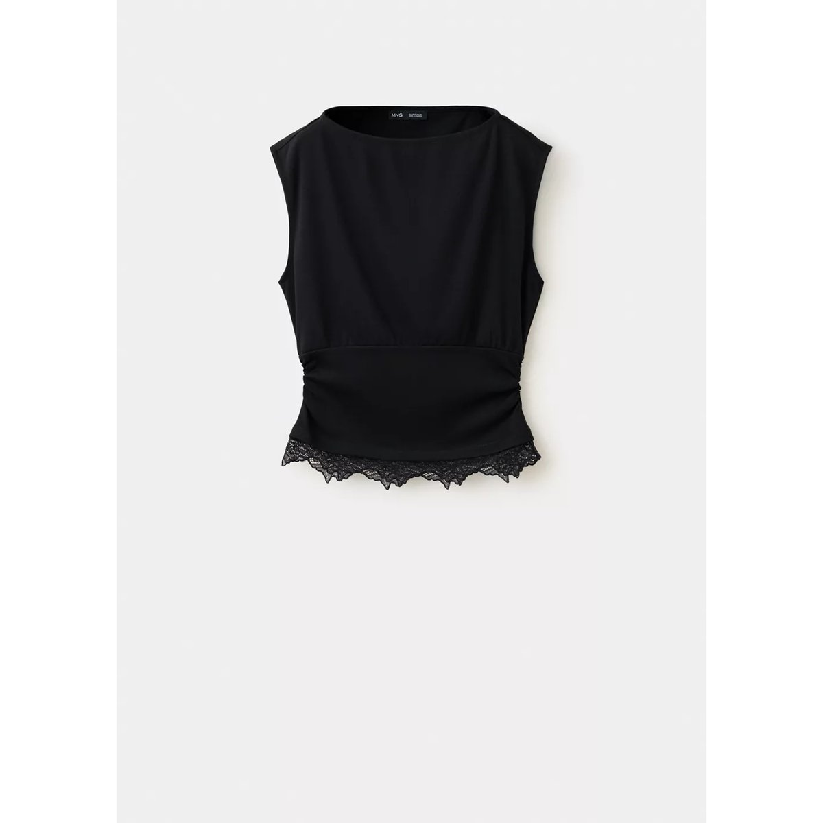 T-shirt à fronces en dentelle noir, MANGO
