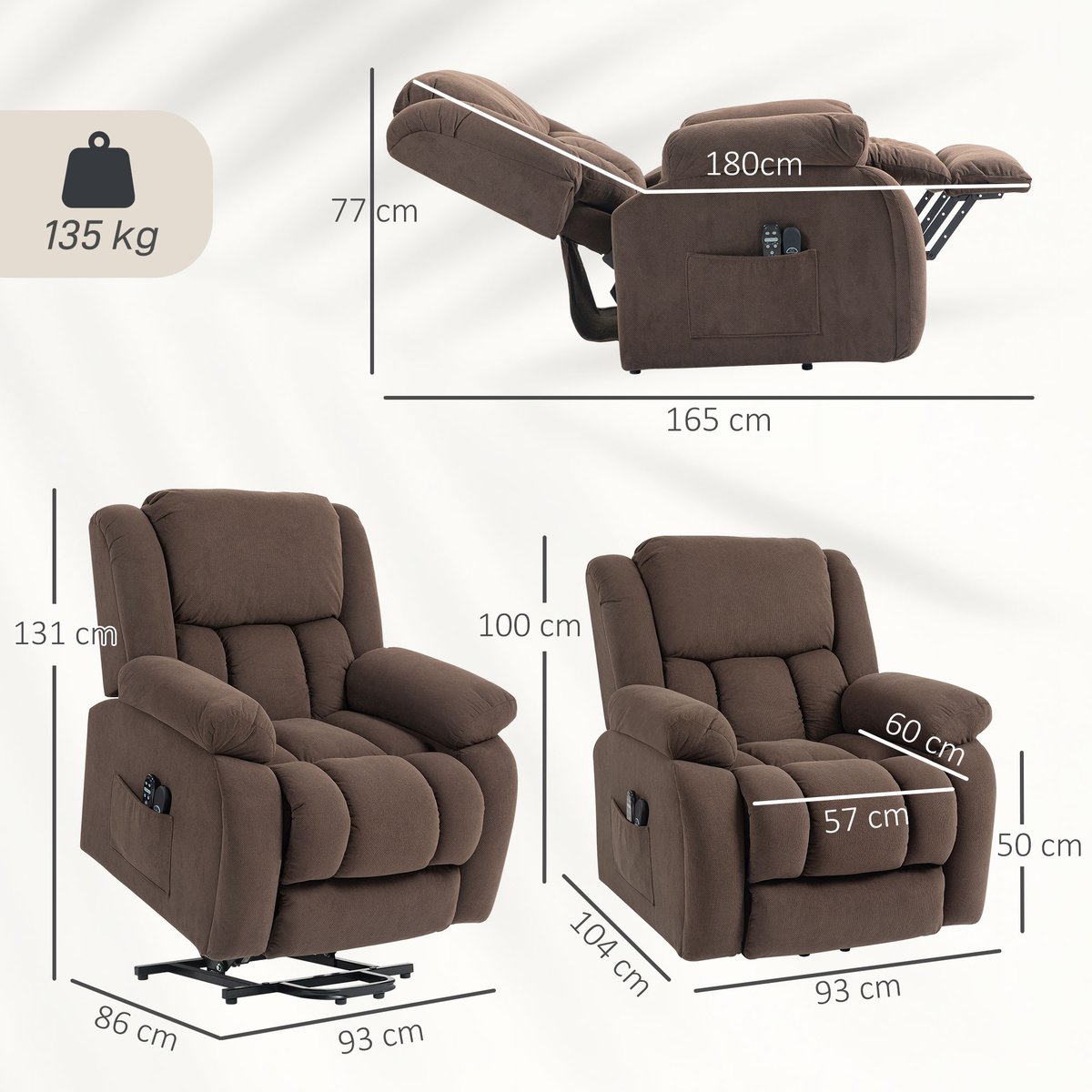 Fauteuil releveur électrique Velours (100% marron, HOMCOM