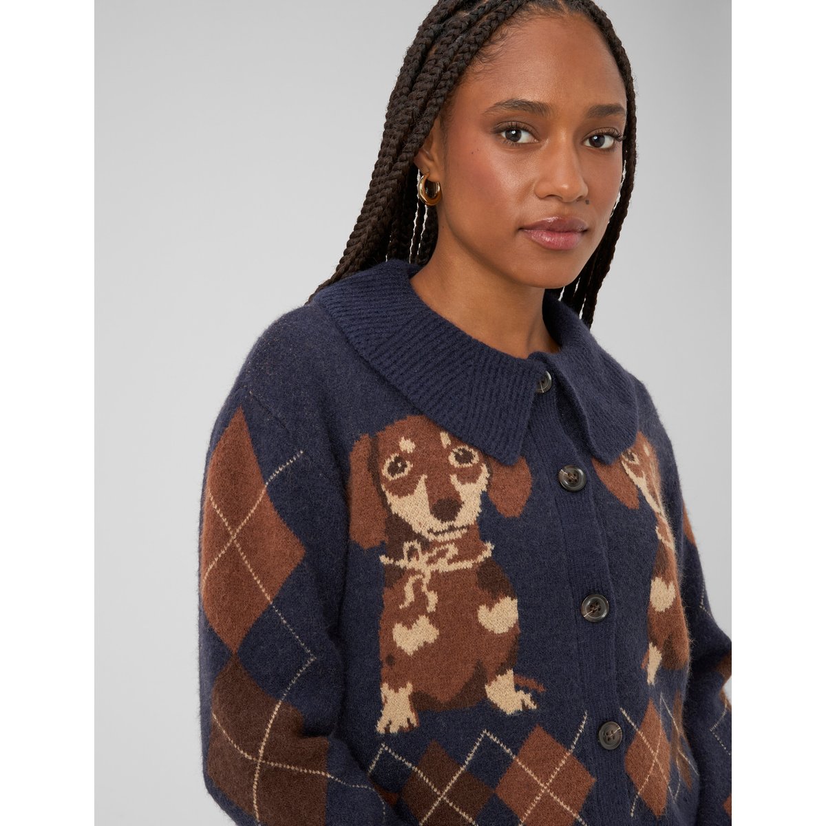 Cardigan jacquard boutonné bleu foncé, BZB