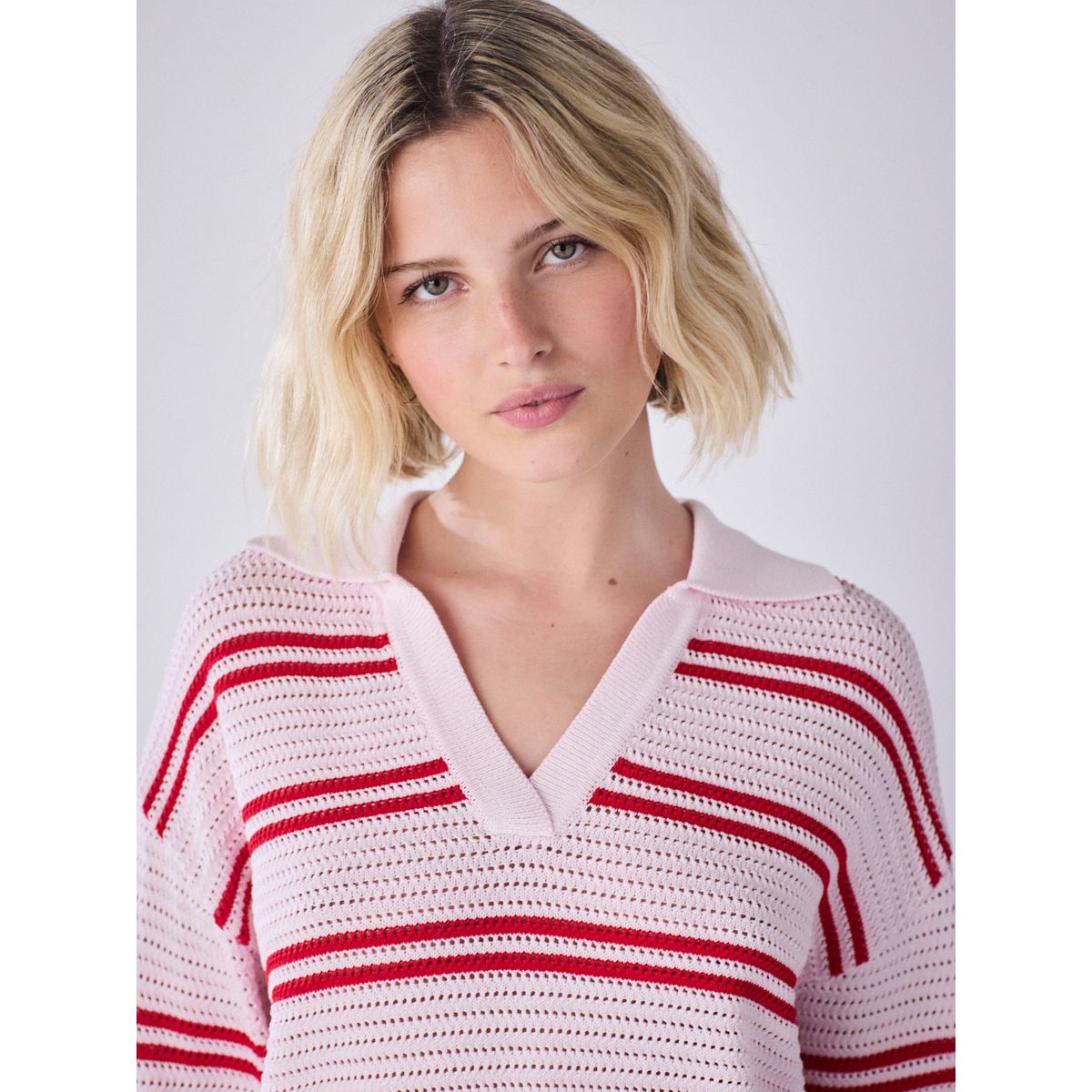 Pull style polo à manches longues rose/rouge rayé, NEXT