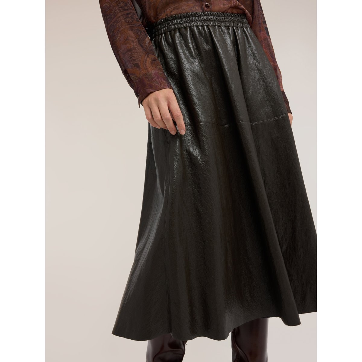 Jupe midi ligne A enduite marron, MOTIVI