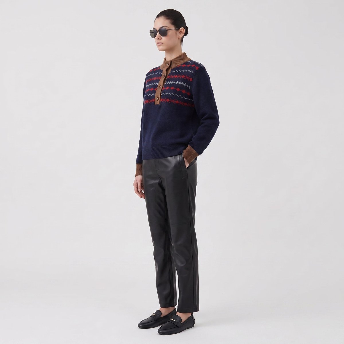 Pull femme à motif imprimé avec col contrasté boutonné LOREE navy, ARTLOVE