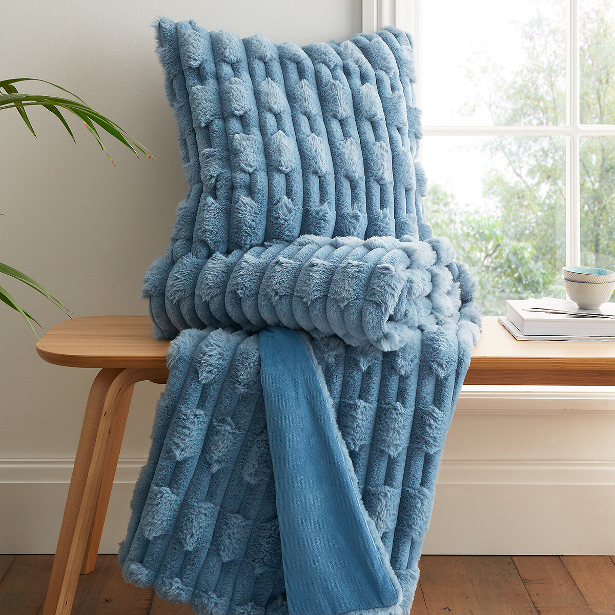 Carved Faux Fur Filled Cushion blue, BIANCA FINE LINENS