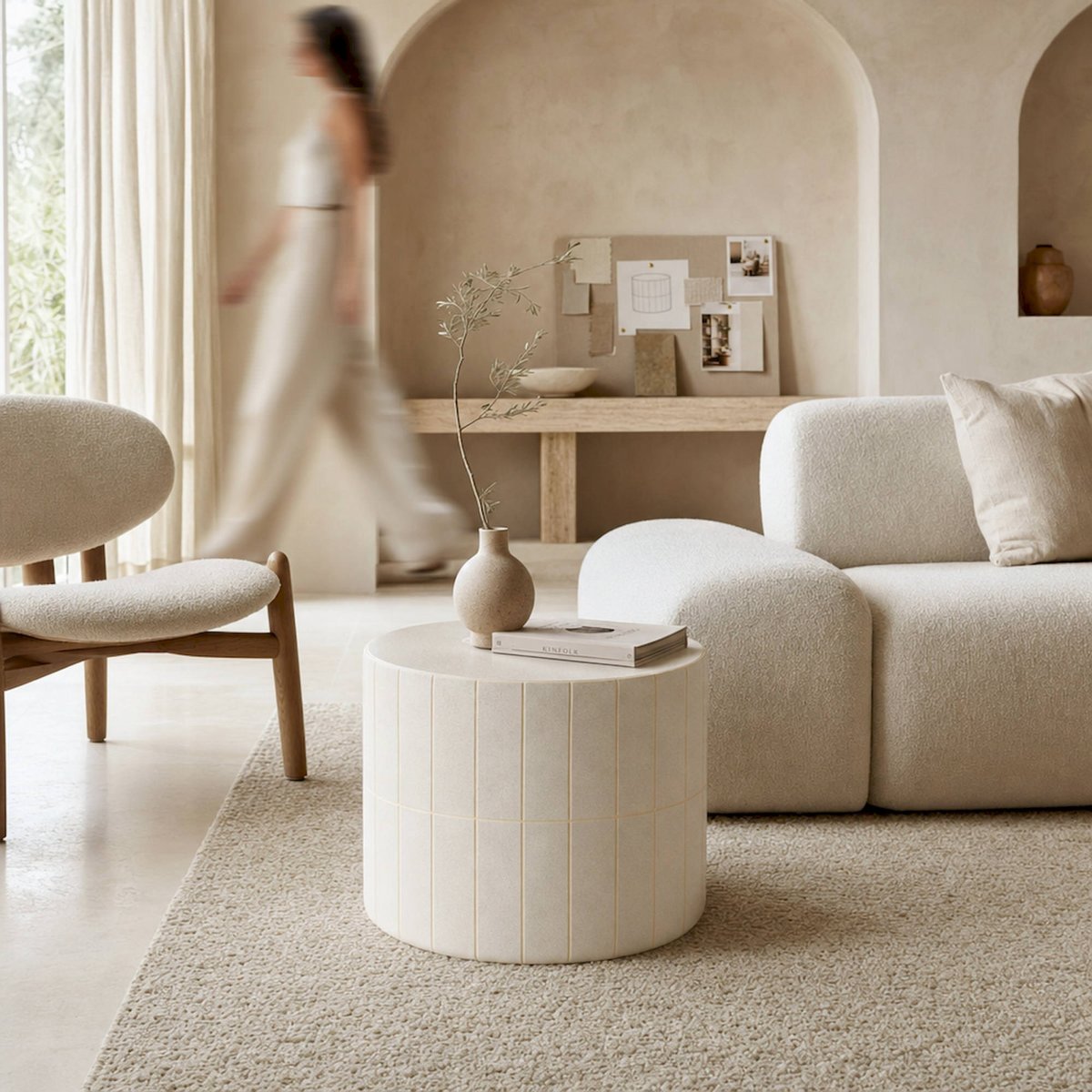 Table d'appoint ronde céramique S.CHEWY beige mat, RECOLLECTION