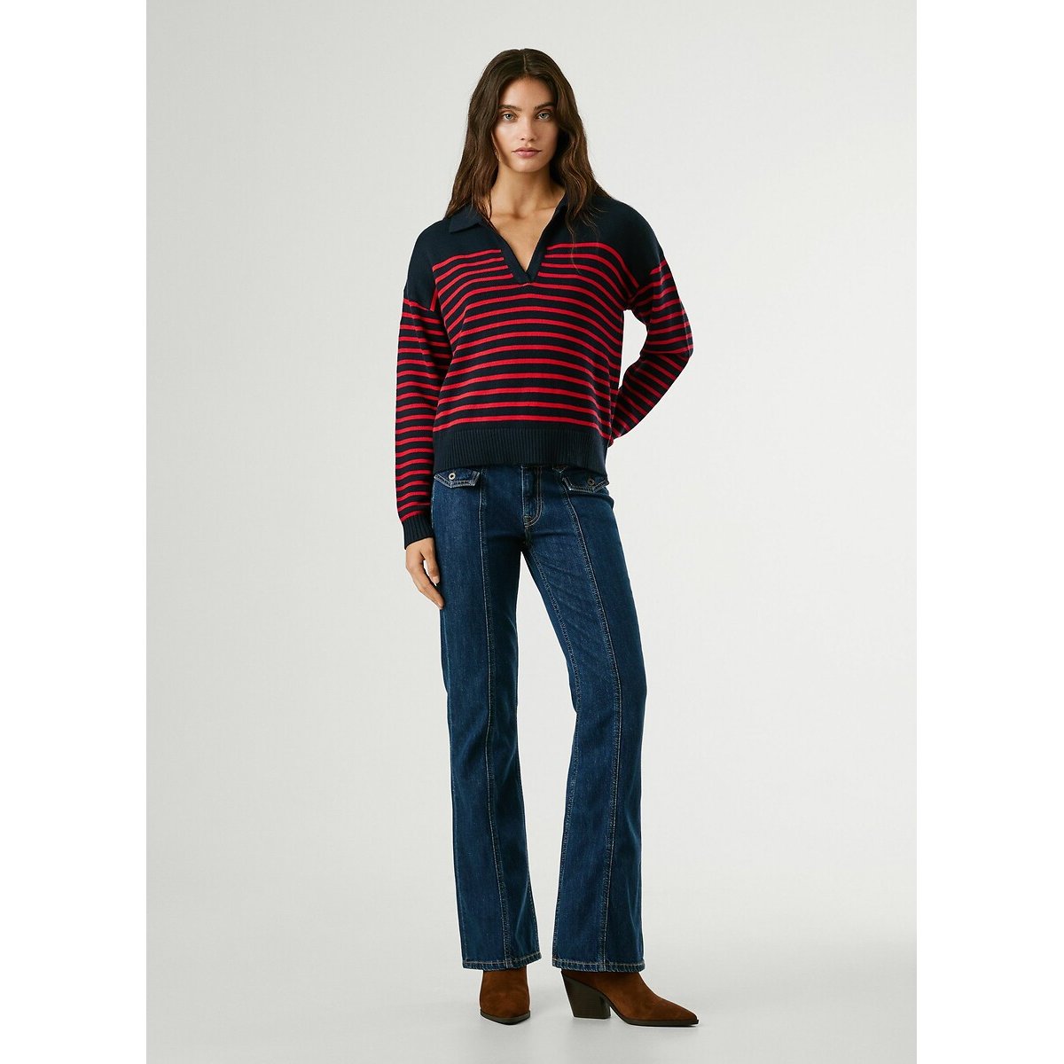 Pull col polo à rayures CARLINA bleu/rouge, PEPE JEANS