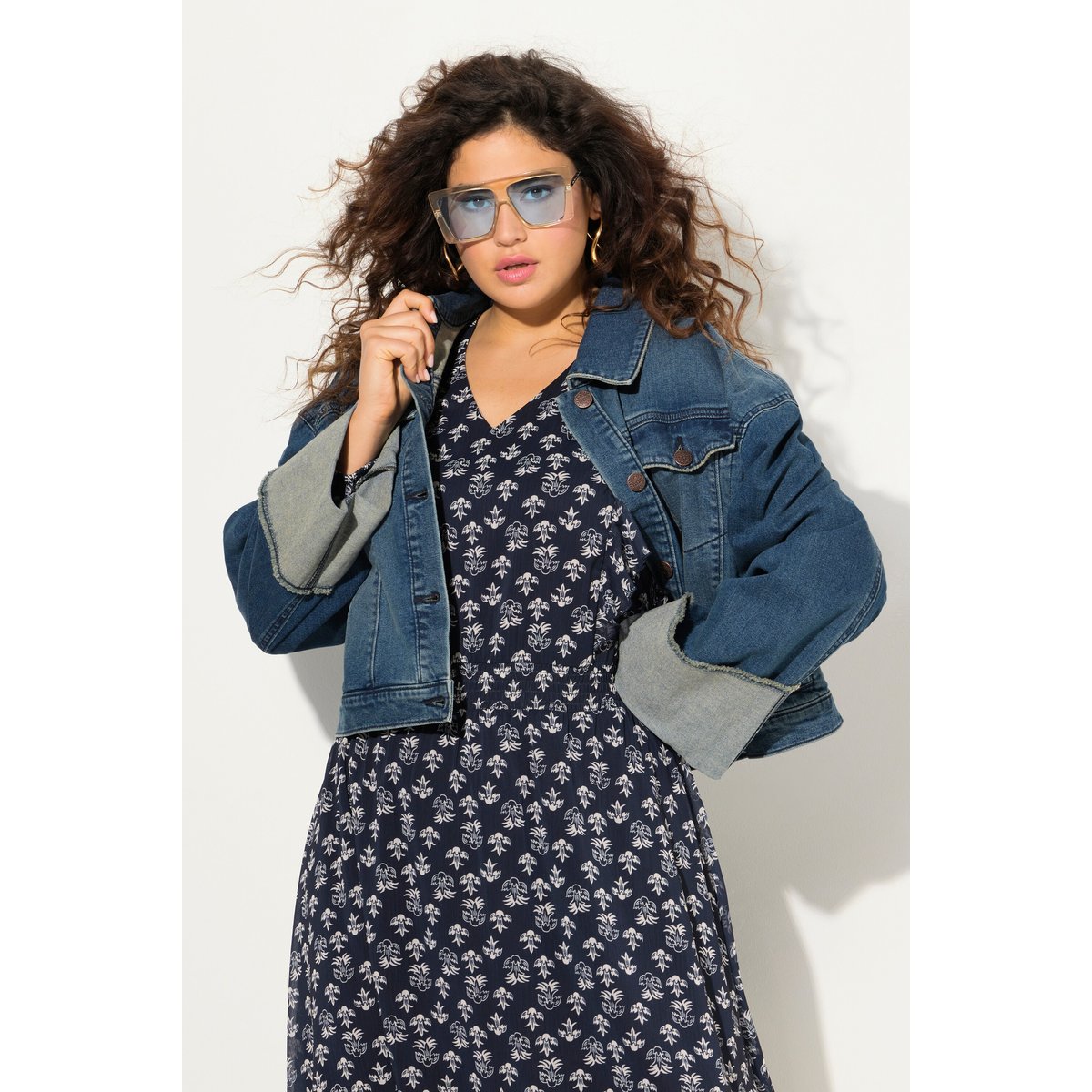 Veste en jean, franges et col chemise bleu jean, ULLA POPKEN