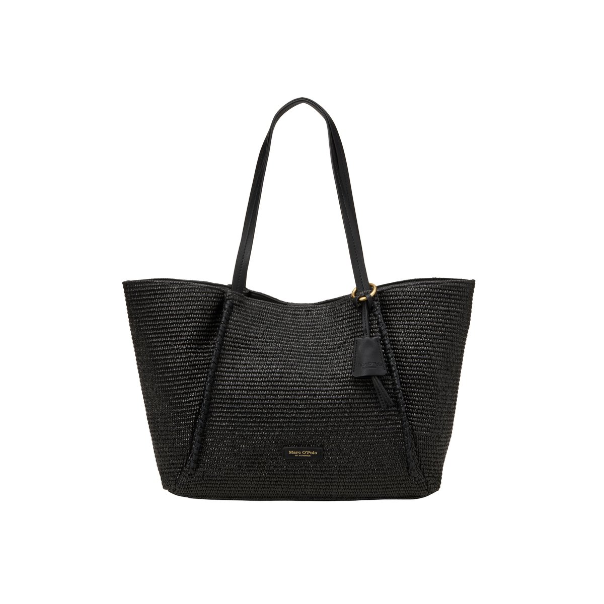 Shopper en raphia large avec détails élégants en cuir véritable noir, MARC O'POLO