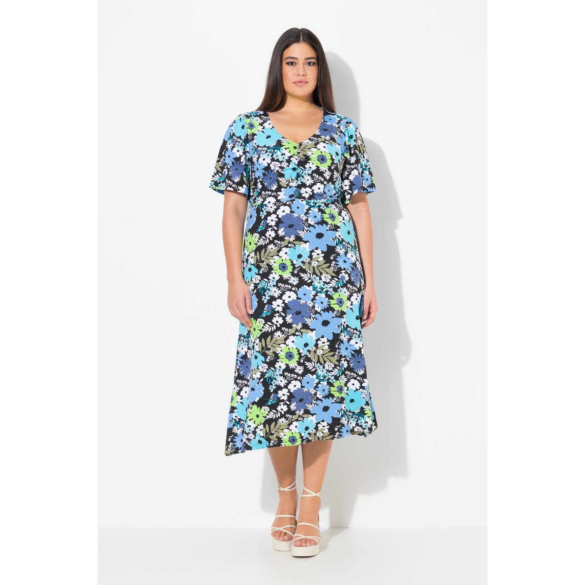 Robe midi en jersey. Décolleté V et manches noir, ULLA POPKEN