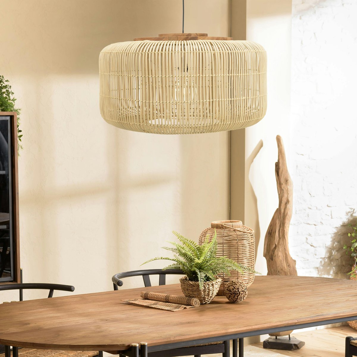 Suspension en rotin ronde 76cm FOLELLI ecru, PIER IMPORT