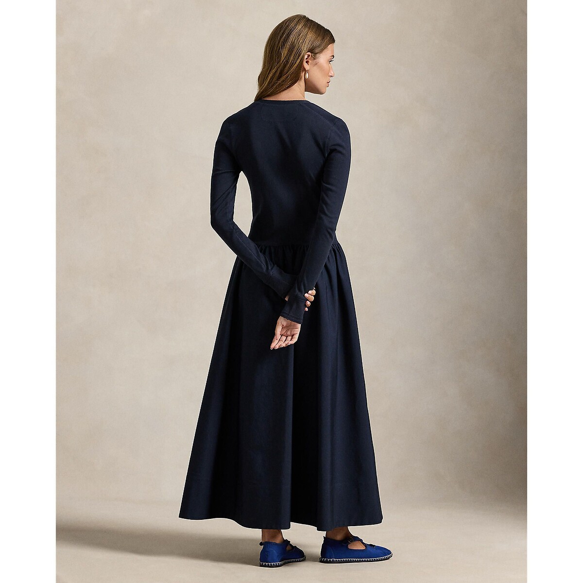 Robe longue évasée à manches longues marine, POLO RALPH LAUREN