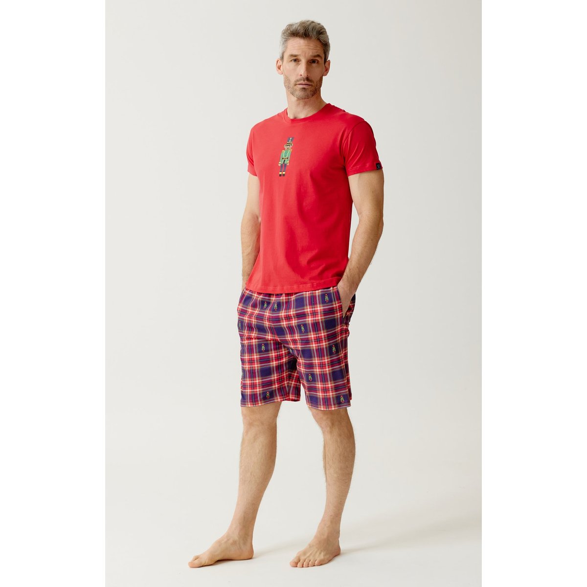 Pyjashort en jersey de coton léger à carreaux Léon rouge, ARTHUR