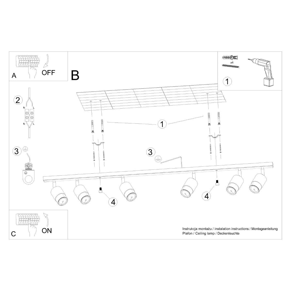 Plafonnier Acier Noir/Chromé GU10 6 Nero noir, EDEN